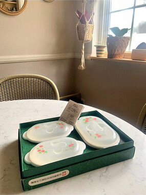 Vintage Japanese 3-piece microwave cookware set Floral White & Green